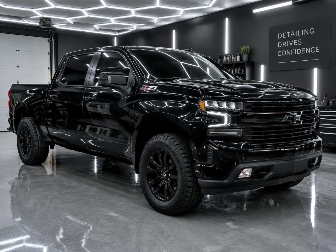 Black pickup truck with tinted windows