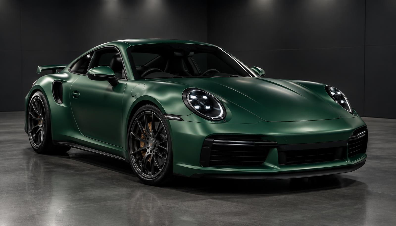 Sports car with a satin green vinyl wrap
